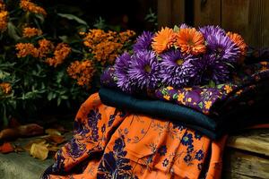 Autumnal Floral Arrangement on Colorful Fabrics. A vibrant still life featuring orange and purple flowers atop a stack of patterned textiles. photo