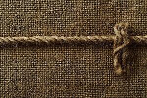 Close-up of Brown Burlap Fabric with a Tied Rope. A Detailed Texture Image. photo