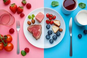 Balanced Diet Concept A Plate Divided, Showing Healthy and Unhealthy Food Choices. photo