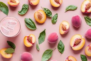 Peach Smoothie Flat Lay Refreshing Summer Drink with Fresh Peaches and Basil. photo