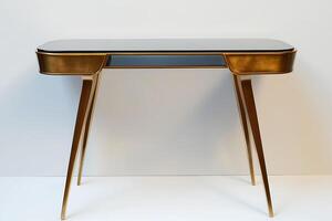 Modern Gold Console Table with Glass Top Elegant Mid-Century Modern Design. photo