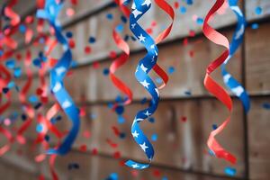 Festive Red, White, and Blue Streamers and Confetti for a Patriotic Celebration. photo