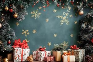 Festive Christmas Presents Decorated with Evergreen Boughs and Ornaments. A charming holiday scene perfect for greeting cards, websites, or advertisements. photo