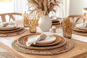 Elegant Table Setting with Natural Textures and Warm Tones. This image showcases a beautifully styled dining table, perfect for home decor inspiration. photo