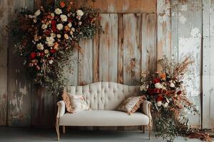 Elegant Cream Sofa with Autumnal Floral Arrangements Against Rustic Wooden Wall. photo