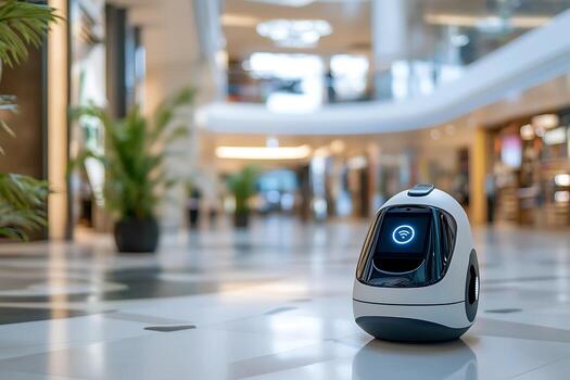 Smart Robot Assistant in Modern Shopping Mall Interior. A futuristic service robot with a wifi symbol on its display sits on a polished floor. photo