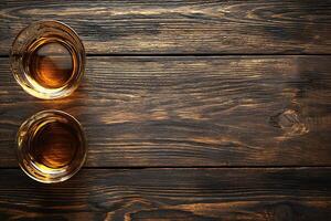 Two Glasses of Amber Liquid on Dark Wooden Surface. Perfect for Whiskey, Brandy or Similar Drinks. photo
