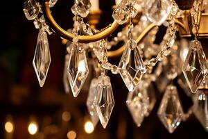 Close-up of Sparkling Crystal Chandelier Details. The intricate craftsmanship and dazzling light refraction are showcased. photo