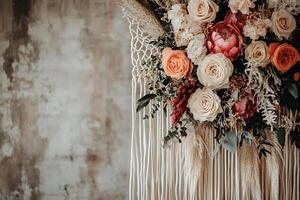 Elegant Floral Arrangement with Macrame Wall Hanging. A beautiful bouquet of roses, proteas, and pampas grass creates a stunning backdrop. photo