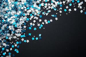 Festive Blue and Silver Star Shaped Confetti on Black Background. A celebratory design ideal for invitations, cards, and social media posts. photo