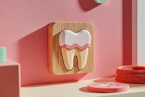 3D Render of a Tooth Icon on Wooden Plaque. Pink and Beige Color Scheme. photo
