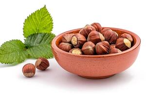 A Bowl of Hazelnuts with Fresh Green Leaves. A high-quality image showcasing a terracotta bowl filled with hazelnuts and accompanied by vibrant green leaves. photo