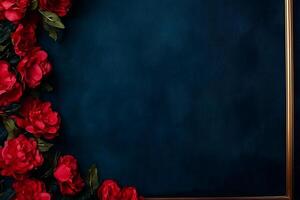 Dark Blue Background with Red Roses and Gold Frame Elegant Floral Design. photo