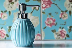 Elegant Blue Ceramic Soap Dispenser on Floral Background. A stylish bathroom accessory with a ribbed design and chrome pump. photo