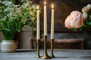 Three Lit Candles on Brass Candle Holders with Flowers. A Still Life Image of Tranquility and Peace. photo