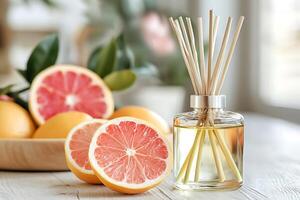 Aromatic Grapefruit Reed Diffuser and Fresh Fruit on Wooden Table. A close-up image perfect for home fragrance, spa, or citrus-themed projects. photo