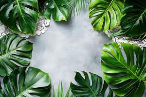 Lush Tropical Leaves Frame with Delicate Lace on Gray Background. A vibrant image perfect for design projects or social media. photo