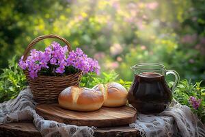 Tranquil Garden Breakfast Fresh Bread, Dark Beverage, and Spring Flowers. photo