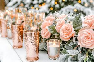 Romantic Winter Wedding Table Setting with Peach Roses and Candles. photo