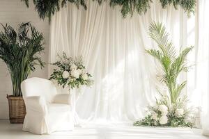 Elegant White Room Setting with Sheer Curtains, Plants, and Flowers. A serene and stylish backdrop ideal for weddings, product photography, or lifestyle imagery. photo