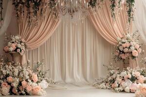Elegant Wedding Ceremony Backdrop with Draped Fabric and Floral Arrangements. A stunning image perfect for wedding invitations, websites, or event planning. photo