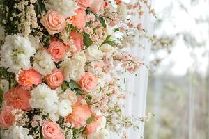 Elegant Peach and White Floral Arrangement Against a Sheer Curtain. A Stunning Display of Roses, Peonies, and Other Blossoms for Wedding or Event Decoration. photo