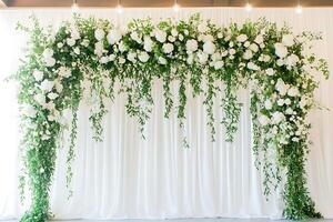 Lush Floral Archway with White Roses and Greenery for Wedding or Event Decor. This stunning image showcases a beautiful floral arrangement perfect for celebrations. photo