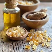 Aromatic Resin Crystals and Essential Oil Natural Wellness and Beauty Ingredients. photo