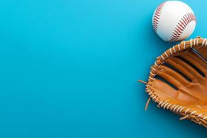 Baseball Glove and Ball on Vibrant Blue Background Perfect for Sports, Recreation, and Game Themes. photo