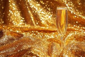 Golden Celebration Champagne Flute on Sparkling Fabric. photo