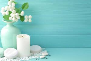 Serene Teal Background with White Candle, Flowers, and Decorative Elements. A peaceful and stylish image perfect for blogs, websites, and social media. photo