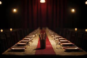 Long Table Setting with Chopsticks at a Formal Dinner. An image of elegant place settings at a dimly lit dinner party. photo