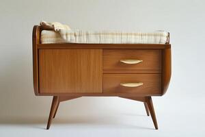 Mid-Century Modern Wooden Changing Table with Storage. A stylish and functional piece of nursery furniture. photo