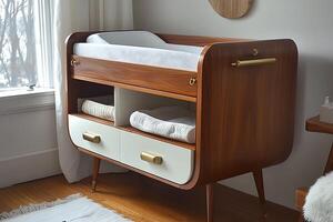 Mid-Century Modern Baby Changing Table with Storage Drawers in a Nursery. photo