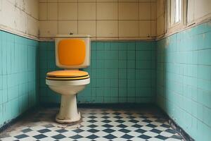 Retro Bathroom with Orange Toilet and Teal Tiles A Vintage Interior Design Image. photo