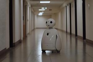 Autonomous Robot in Modern Office Corridor AI and Automation Concept. photo
