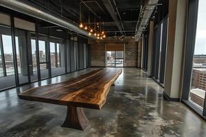 Live Edge Wood Conference Table in Modern Loft Office. A stunning live edge walnut table sits in a contemporary office space with expansive city views. photo