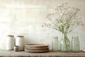 Rustic Still Life Wooden Plates, Ceramic Jars, and Delicate Flowers in Glass Bottles. photo