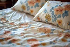 Soft, Floral Bedding Close-up of a Wrinkled, Flower-Patterned Bedspread and Pillows. photo