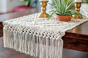 Handmade Macrame Table Runner with Tassels, Elegant Home Decor. photo