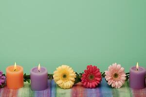 Serene Still Life Colorful Gerbera Daisies and Lit Candles on a Striped Tablecloth. photo