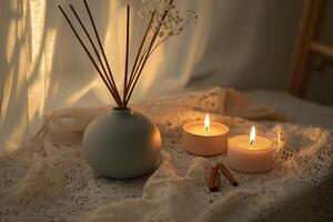 Serene Evening Candles, Diffuser, and Lace Drapery in Warm Light. photo