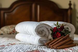 Rolled White Quilts, Cinnamon Sticks, and Red Flowers on a Bed. A cozy and inviting bedroom scene. photo