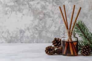 Aromatic Reed Diffuser with Cinnamon and Pine Scents Cozy Winter Home Fragrance. photo