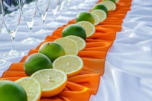 Elegant Table Setting with Fresh Citrus Fruits and Champagne Flutes. A vibrant, high-resolution image perfect for showcasing luxury and refreshment. photo