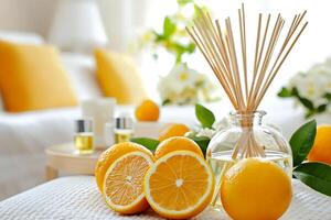 Refreshing Citrus Aromatic Diffuser with Oranges and Flowers in a Relaxing Bedroom Setting. photo