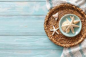 Coastal Summer Still Life Seashells and Starfish on a Wicker Placemat. A tranquil scene perfect for summer-themed designs. photo