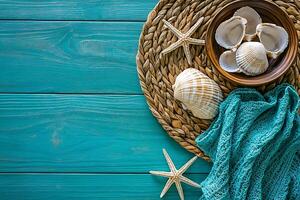 Seashells, Starfish, and Woven Mat on Turquoise Wooden Background Summer Beach Scene. photo