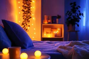 Cozy Bedroom Scene with Fairy Lights and Candles at Night. Warm and inviting atmosphere in a bedroom illuminated with soft lighting. photo