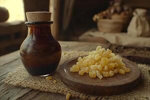 Amber Resin Pieces on Rustic Wooden Dish with Antique Bottle. A still life image depicting natural amber resin, perfect for alternative medicine, aromatherapy, or mystical themes. photo